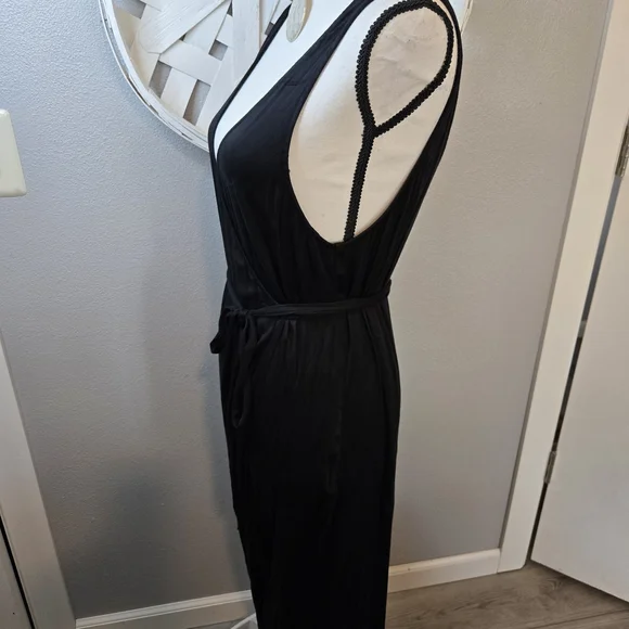 Splendid Women's Black Loretta V-Neck Maxi Wrap Dress with Side Slits Sz Large - Picture 8 of 11